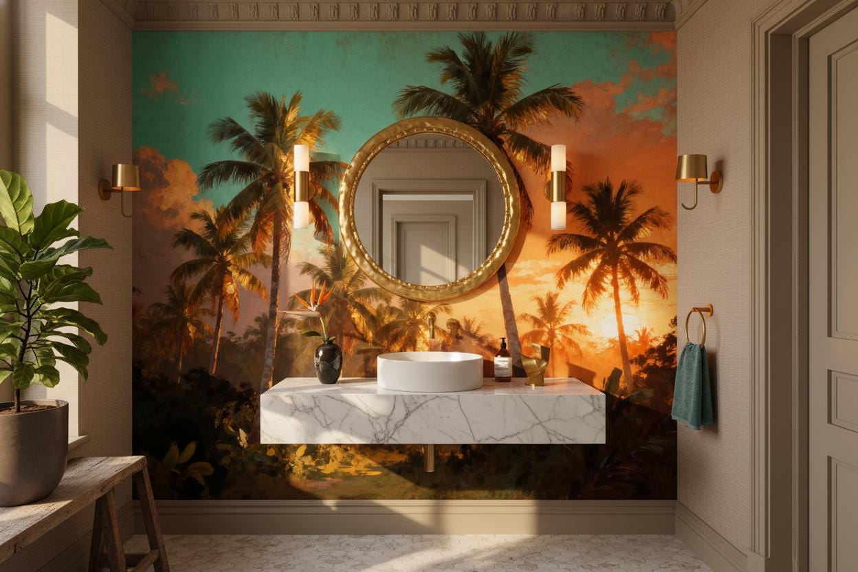 Tropical Sunset Vintage Orange Tropical Wallpaper – scale reference, Golden Era Walls
