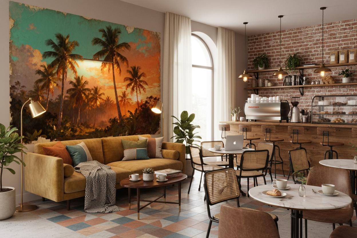 Tropical Sunset Vintage Orange Tropical Wallpaper – detail view, Golden Era Walls