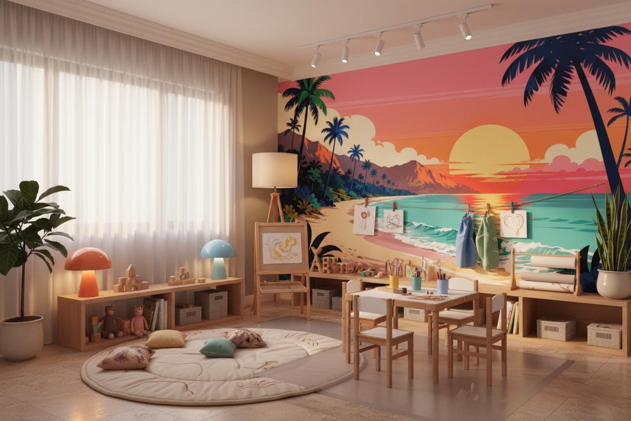 Tropical Sunset Retro Pink Tropical Wallpaper – lifestyle view, Golden Era Walls
