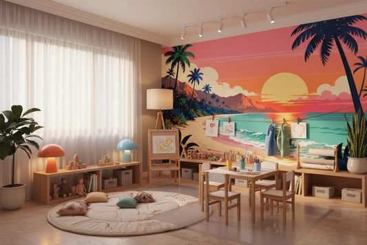Tropical Sunset Retro Pink Tropical Wallpaper – lifestyle view, Golden Era Walls