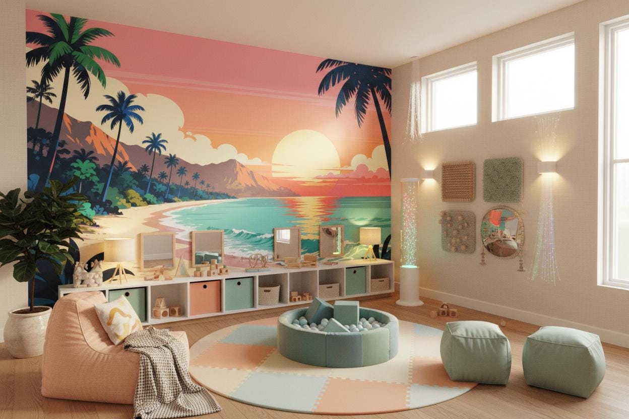 Tropical Sunset Retro Pink Tropical Wallpaper – alternate view, Golden Era Walls