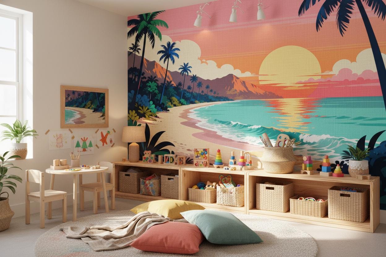 Tropical Sunset Retro Pink Tropical Wallpaper – detail view, Golden Era Walls