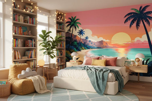 Tropical Sunset Retro Pink Tropical Wallpaper – room setting, Golden Era Walls