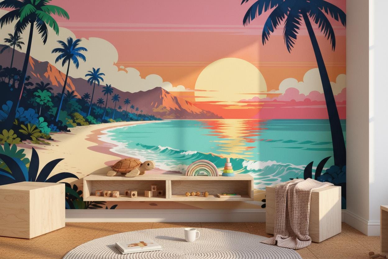 Tropical Sunset Retro Pink Tropical Wallpaper – peel and stick wallpaper mural, Golden Era Walls