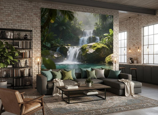 Tropical Jungle Waterfall Green Floral Wallpaper – detail view, Golden Era Walls