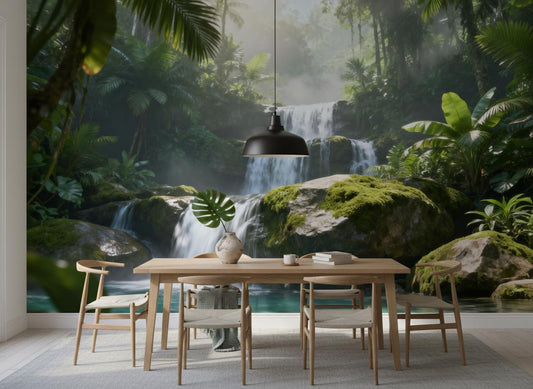 Tropical Jungle Waterfall Green Floral Wallpaper – peel and stick wallpaper mural, Golden Era Walls