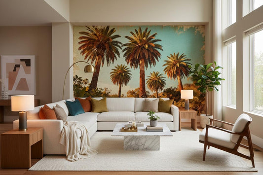 Tropical Palm Tree Teal Floral Wallpaper – detail view, Golden Era Walls