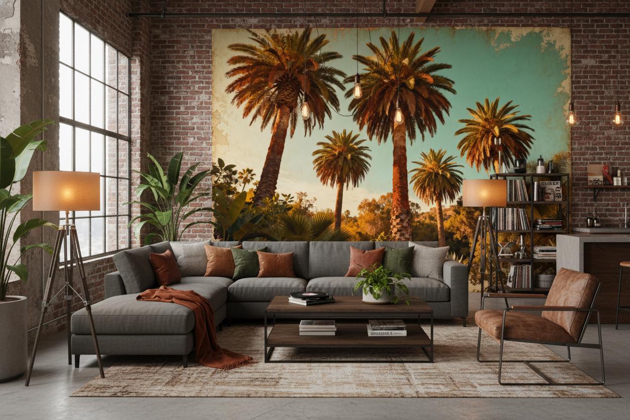 Tropical Palm Tree Teal Floral Wallpaper – scale reference, Golden Era Walls