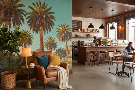Tropical Palm Tree Teal Floral Wallpaper – room setting, Golden Era Walls