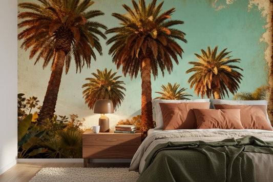 Tropical Palm Tree Teal Floral Wallpaper – peel and stick wallpaper mural, Golden Era Walls