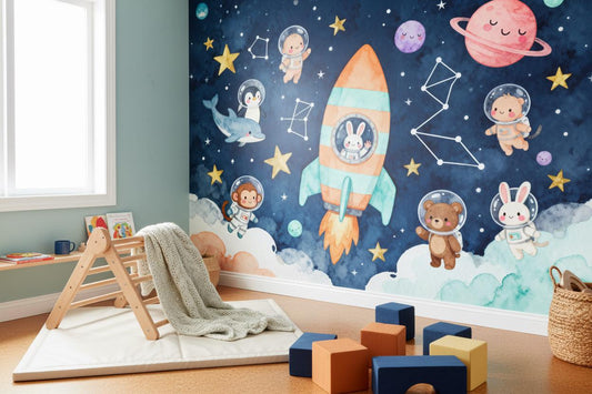 Space Blue Watercolor Astronaut Wallpaper – peel and stick wallpaper mural, Golden Era Walls