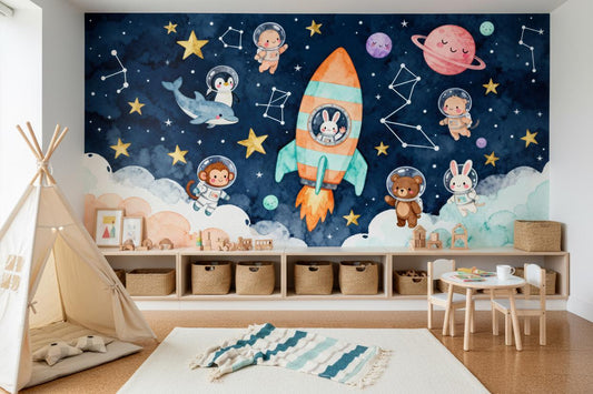 Space Blue Watercolor Astronaut Wallpaper – lifestyle view, Golden Era Walls