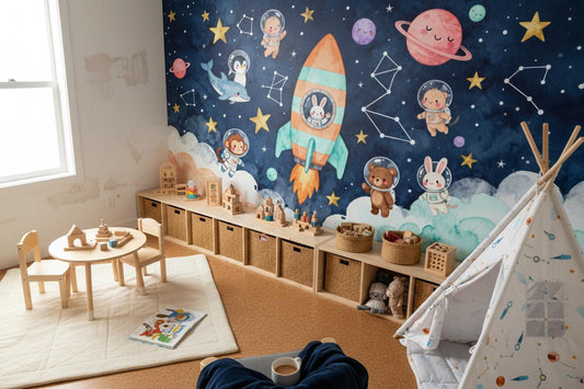 Space Blue Watercolor Astronaut Wallpaper – detail view, Golden Era Walls
