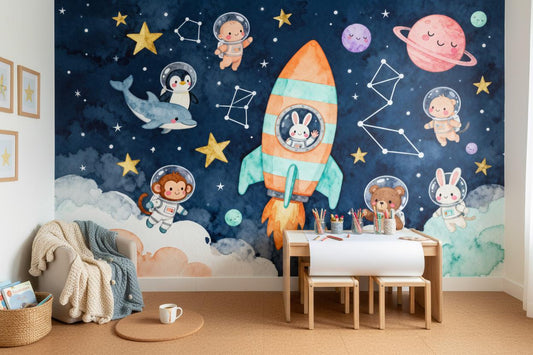 Space Blue Watercolor Astronaut Wallpaper – room setting, Golden Era Walls