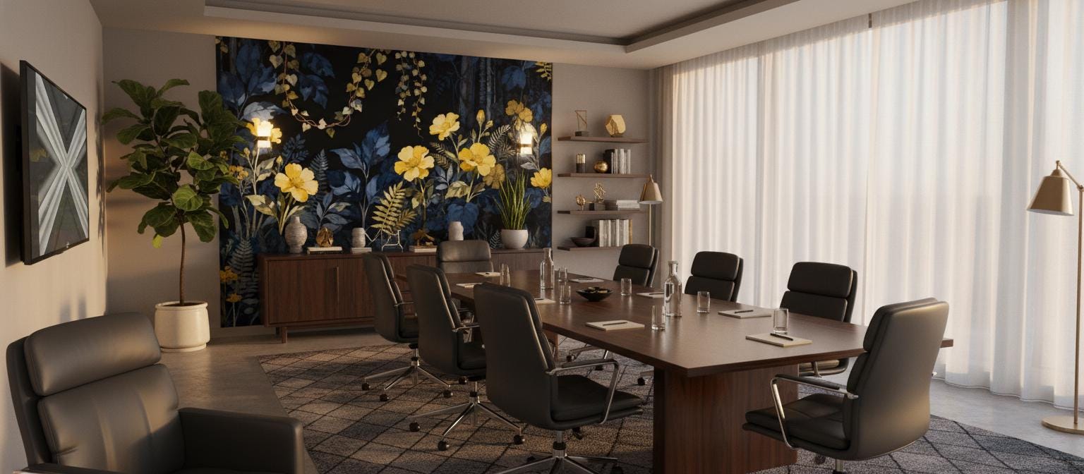 Moody Botanical Navy Yellow Floral Wallpaper – alternate view, Golden Era Walls