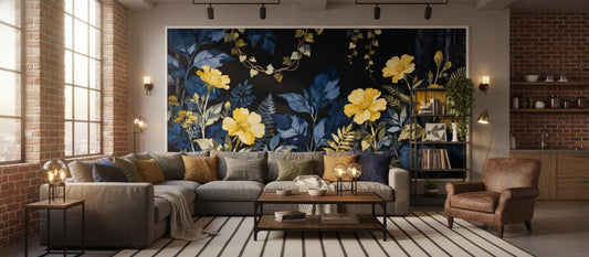 Moody Botanical Navy Yellow Floral Wallpaper – peel and stick wallpaper mural, Golden Era Walls