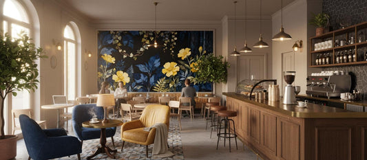 Moody Botanical Navy Yellow Floral Wallpaper – detail view, Golden Era Walls