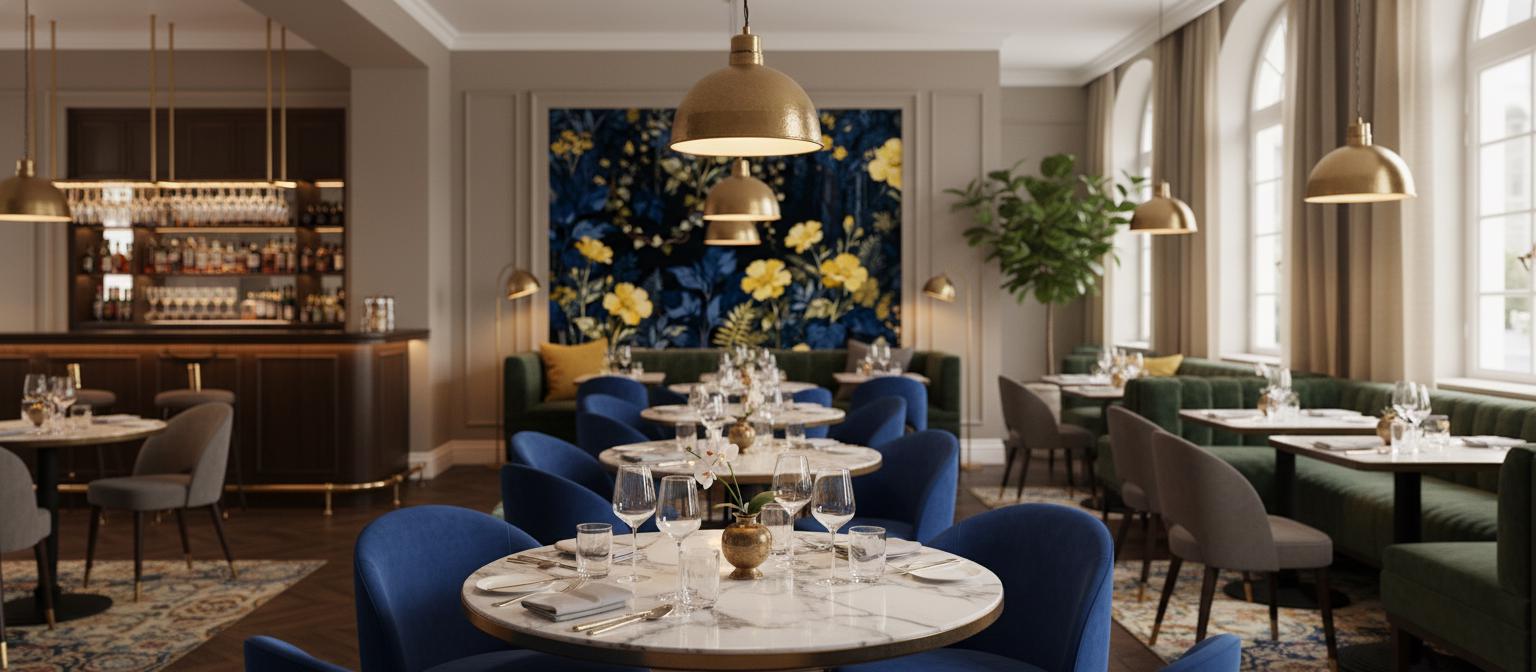 Moody Botanical Navy Yellow Floral Wallpaper – scale reference, Golden Era Walls