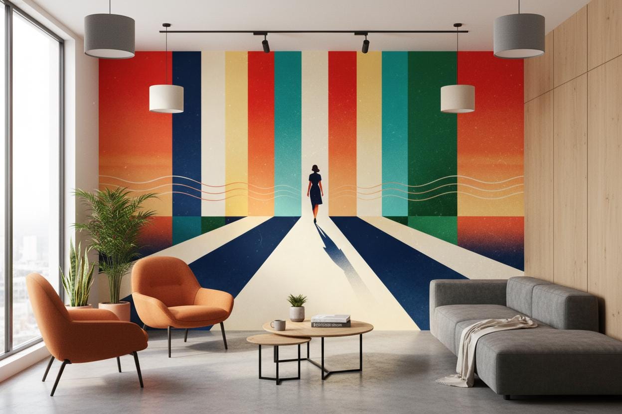 Mid Century Modern Color Geometric Wallpaper – room setting, Golden Era Walls