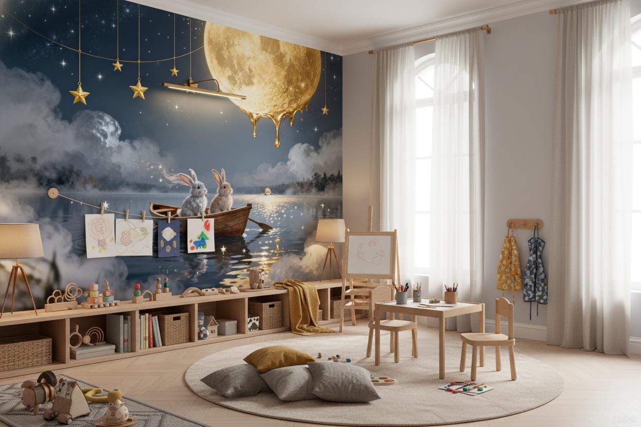 Magical Rabbit Moon Blue Wallpaper – alternate view, Golden Era Walls