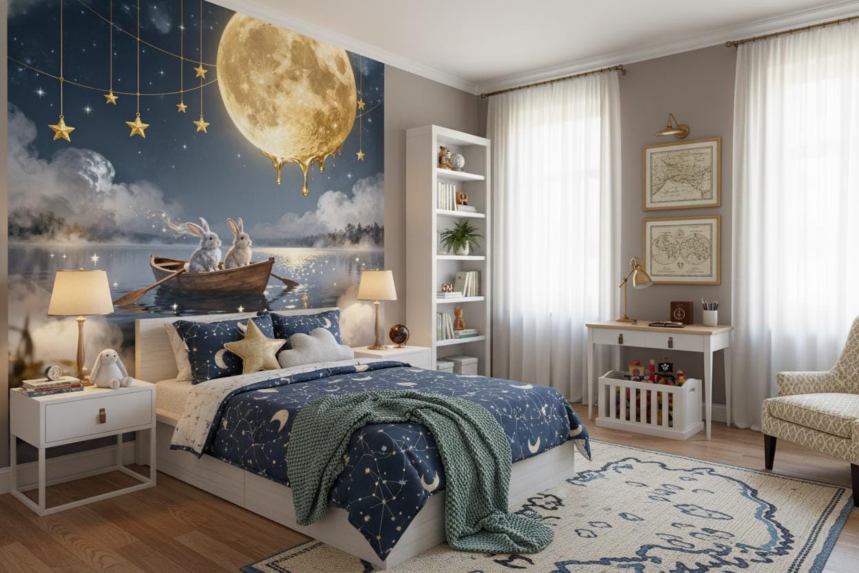 Magical Rabbit Moon Blue Wallpaper – lifestyle view, Golden Era Walls