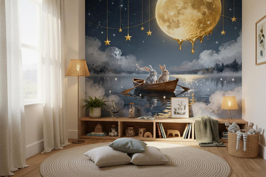 Magical Rabbit Moon Blue Wallpaper – room setting, Golden Era Walls