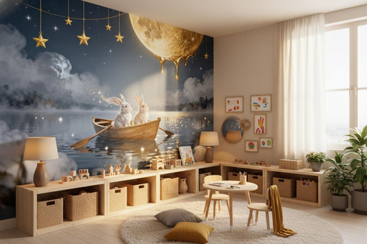 Magical Rabbit Moon Blue Wallpaper – peel and stick wallpaper mural, Golden Era Walls