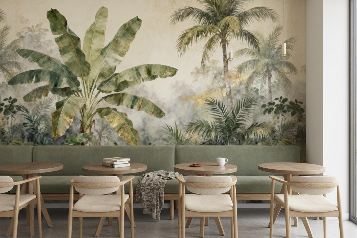 Luxe Tropical Jungle Green Floral Wallpaper – peel and stick wallpaper mural, Golden Era Walls