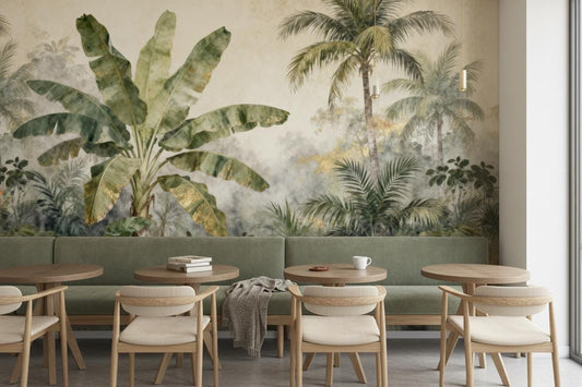Luxe Tropical Jungle Green Floral Wallpaper – peel and stick wallpaper mural, Golden Era Walls