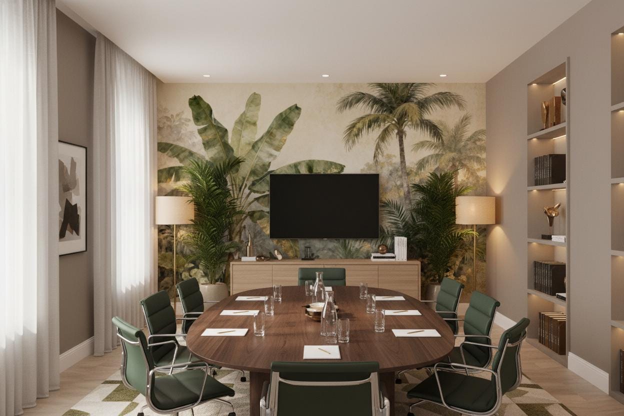 Luxe Tropical Jungle Green Floral Wallpaper – scale reference, Golden Era Walls