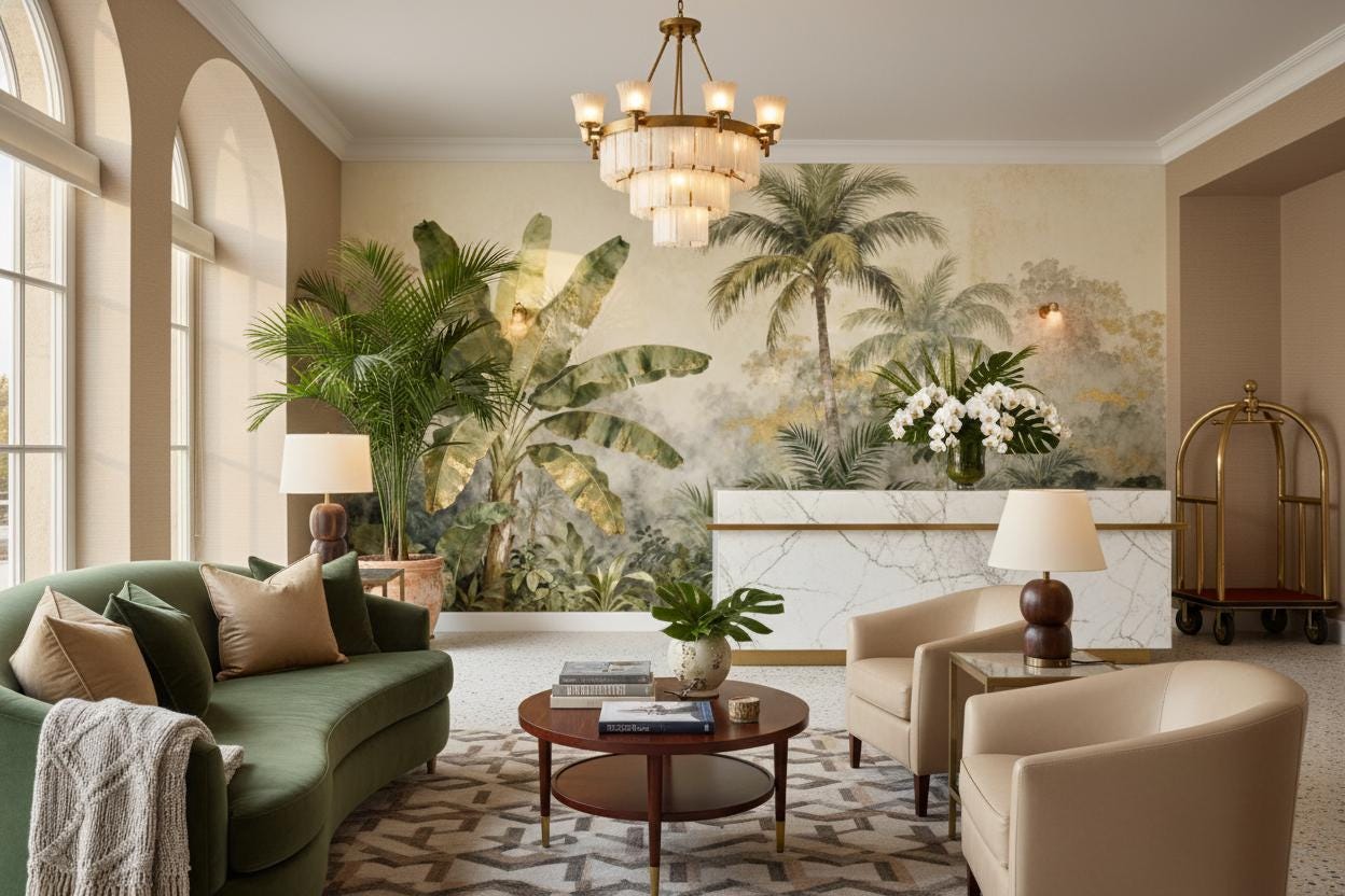 Luxe Tropical Jungle Green Floral Wallpaper – lifestyle view, Golden Era Walls