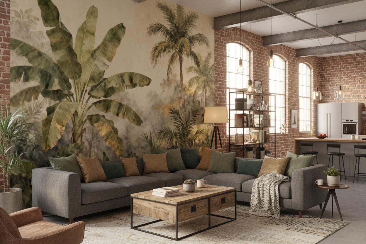 Luxe Tropical Jungle Green Floral Wallpaper – detail view, Golden Era Walls