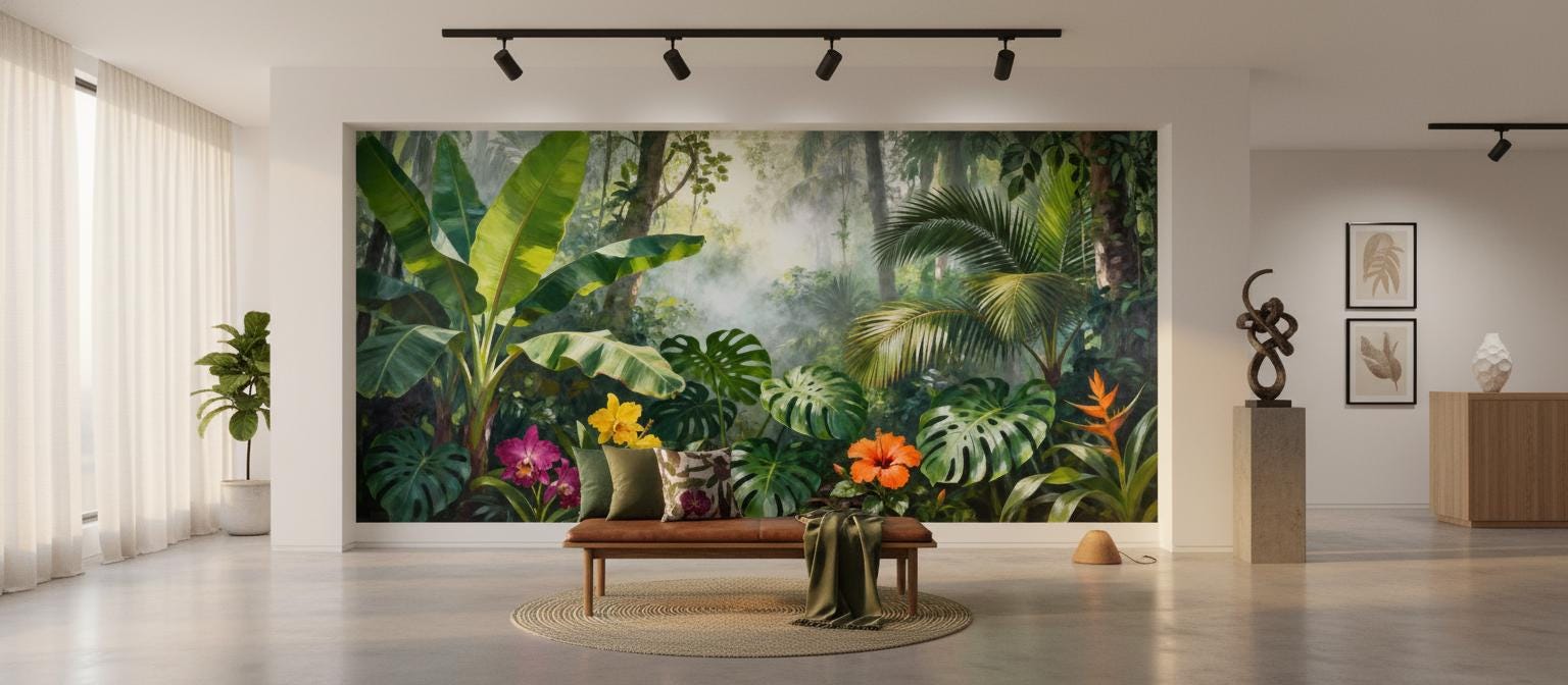 Lush Tropical Jungle Green Floral Wallpaper – scale reference, Golden Era Walls