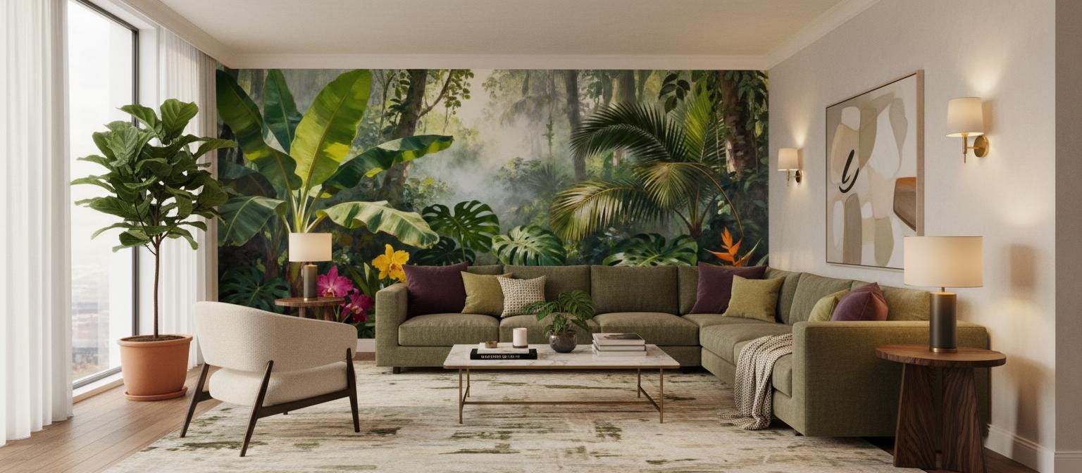 Lush Tropical Jungle Green Floral Wallpaper – alternate view, Golden Era Walls