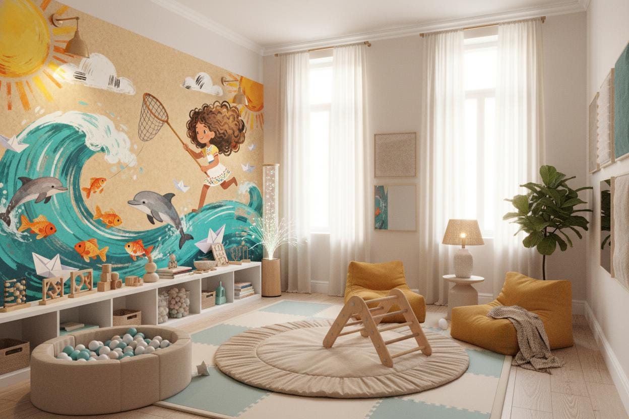 Ocean Adventure Colorful Dolphins Coastal Wallpaper – lifestyle view, Golden Era Walls