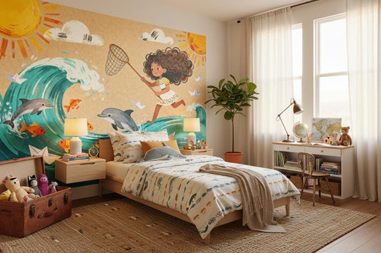Ocean Adventure Colorful Dolphins Coastal Wallpaper – peel and stick wallpaper mural, Golden Era Walls