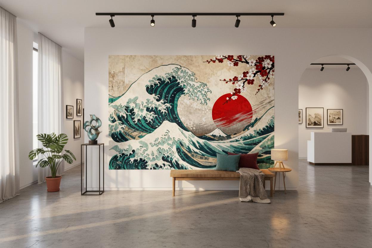 Japanese Wave Cherry Blossom Coastal Wallpaper – alternate view, Golden Era Walls