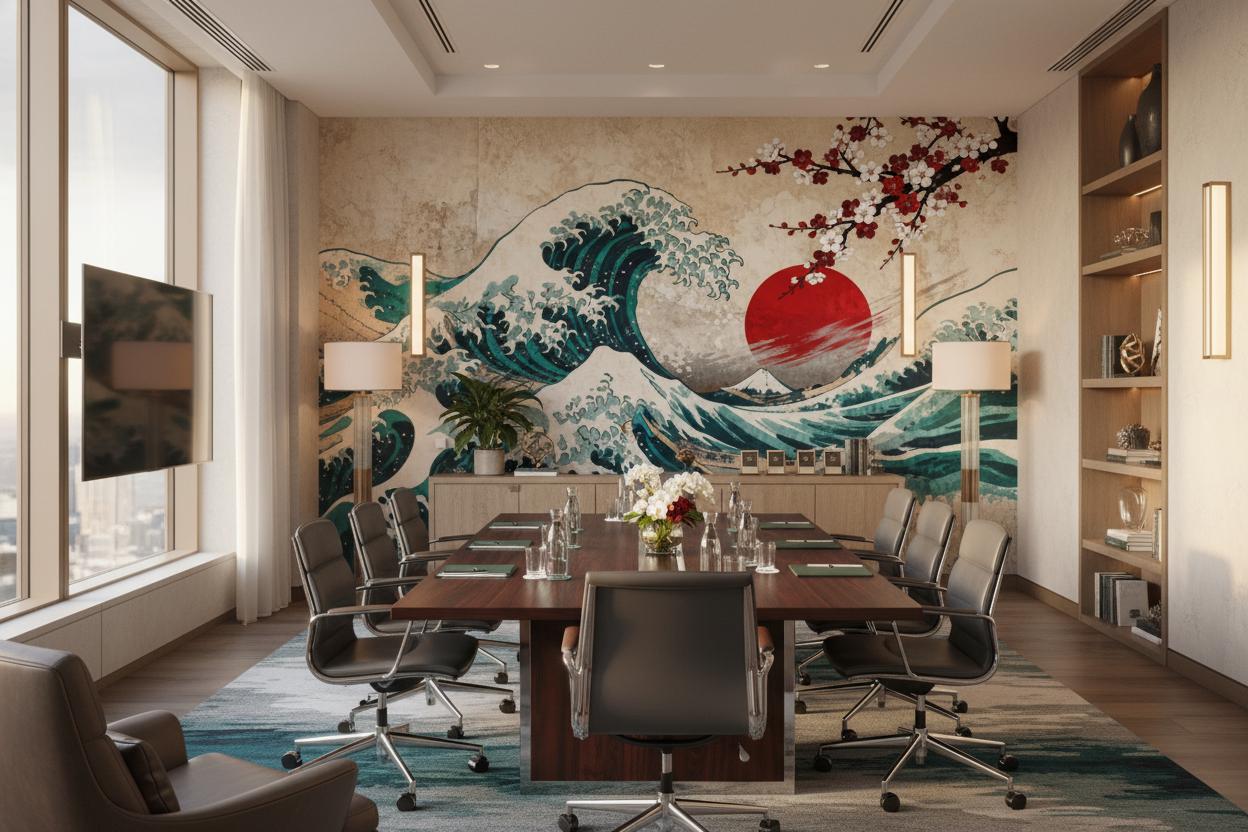 Japanese Wave Cherry Blossom Coastal Wallpaper – lifestyle view, Golden Era Walls