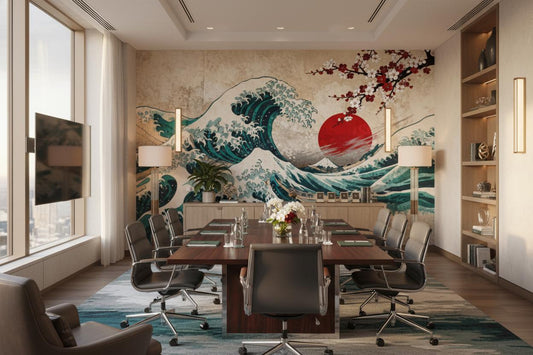 Japanese Wave Cherry Blossom Coastal Wallpaper – lifestyle view, Golden Era Walls