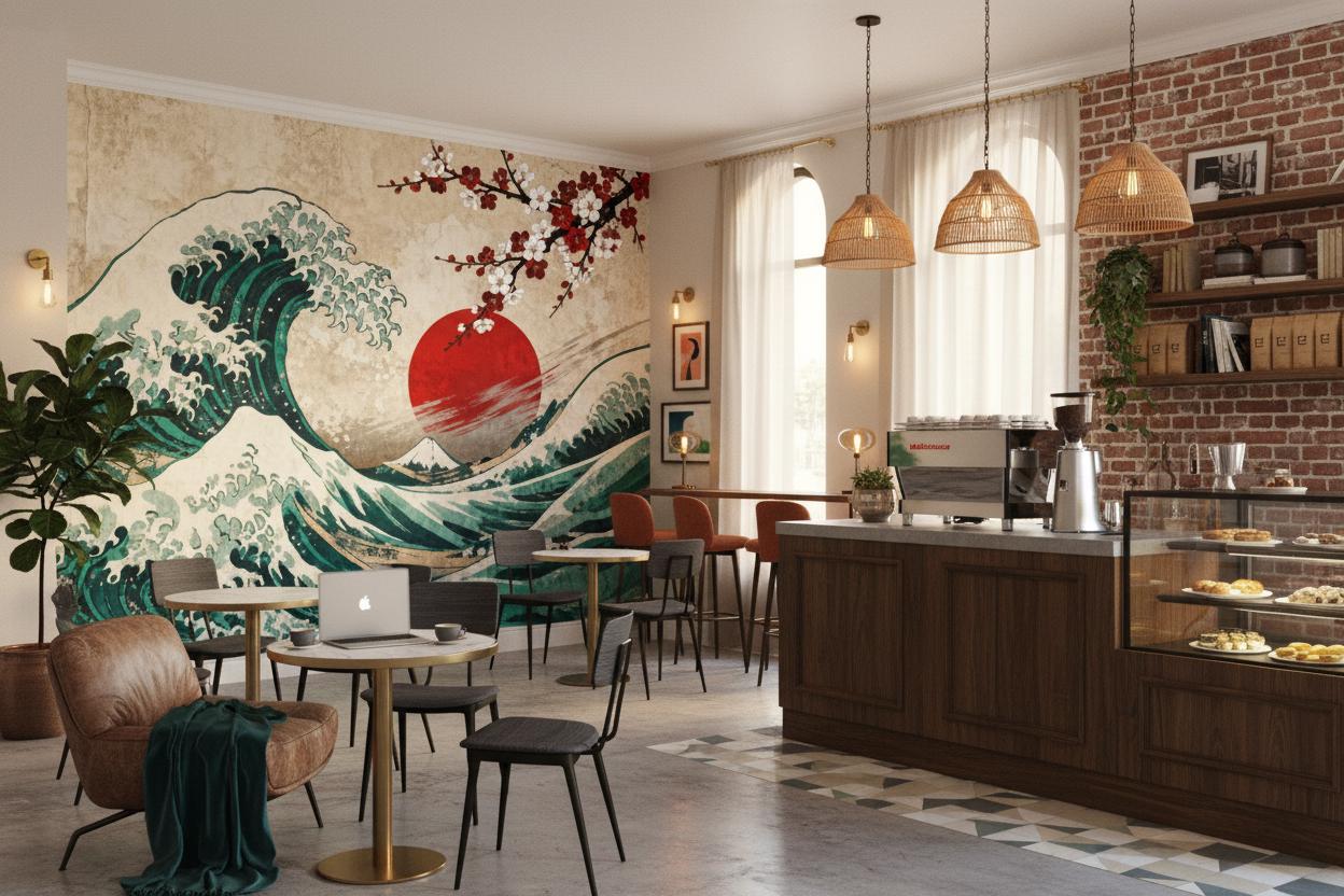 Japanese Wave Cherry Blossom Coastal Wallpaper – detail view, Golden Era Walls