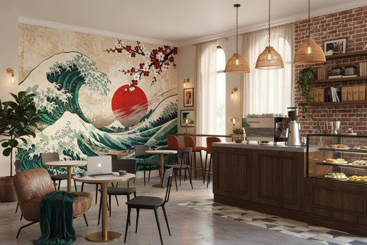Japanese Wave Cherry Blossom Coastal Wallpaper – detail view, Golden Era Walls