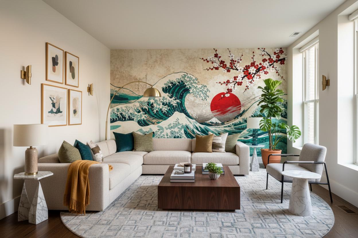 Japanese Wave Cherry Blossom Coastal Wallpaper – scale reference, Golden Era Walls