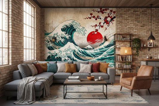Japanese Wave Cherry Blossom Coastal Wallpaper – peel and stick wallpaper mural, Golden Era Walls