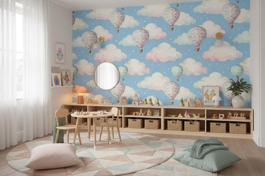 Hot Air Balloon Pastel Wallpaper – lifestyle view, Golden Era Walls