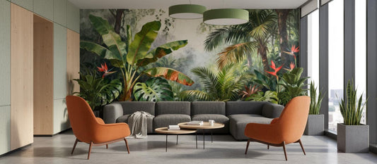 Tropical Jungle Green Botanical Floral Wallpaper – room setting, Golden Era Walls