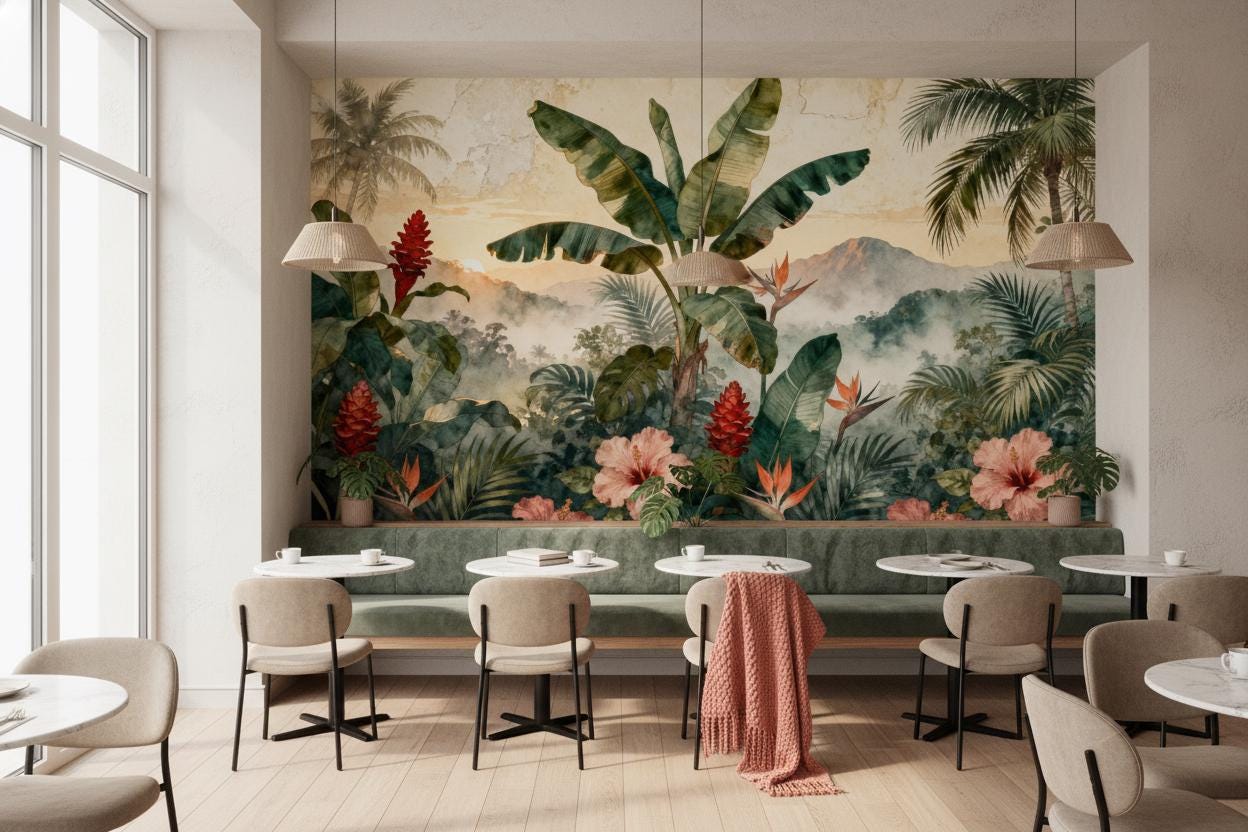 Tropical Jungle Green Watercolor Floral Wallpaper – alternate view, Golden Era Walls