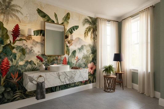 Tropical Jungle Green Watercolor Floral Wallpaper – lifestyle view, Golden Era Walls