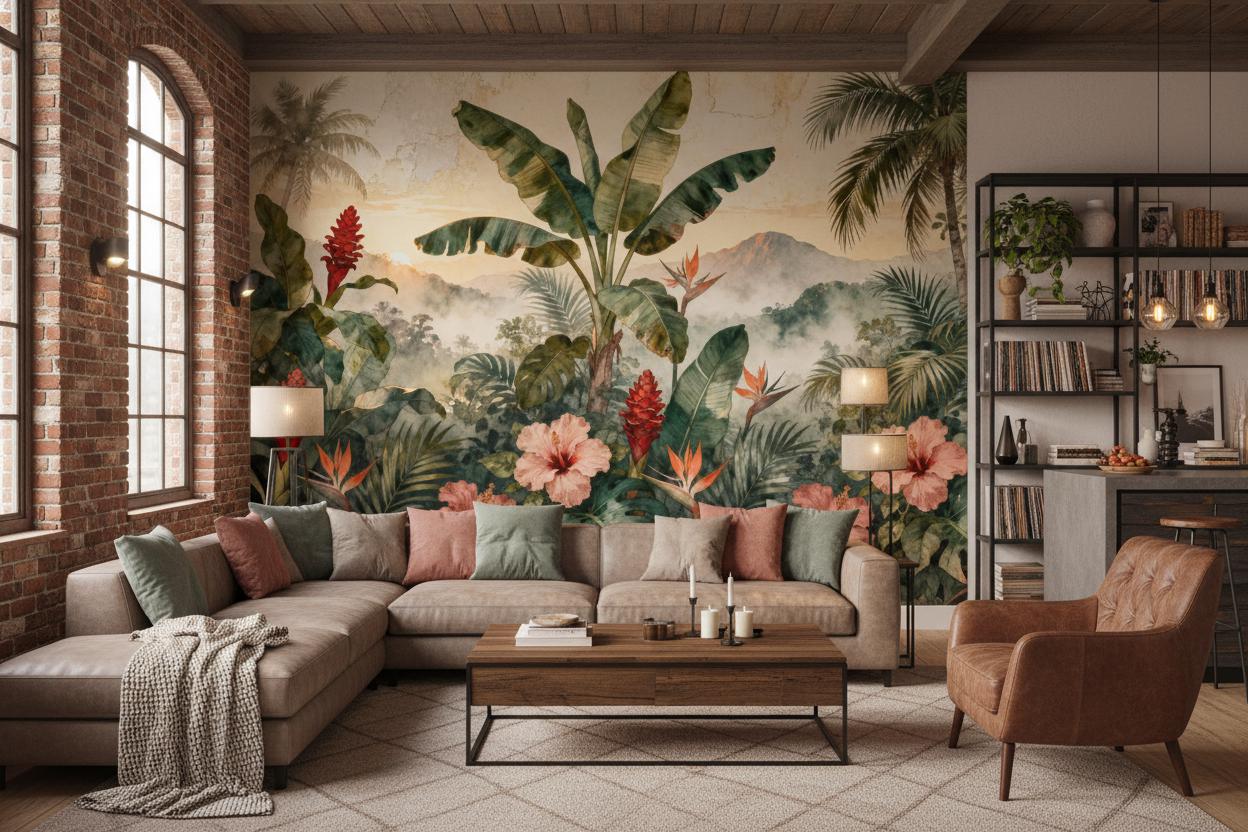 Tropical Jungle Green Watercolor Floral Wallpaper – peel and stick wallpaper mural, Golden Era Walls