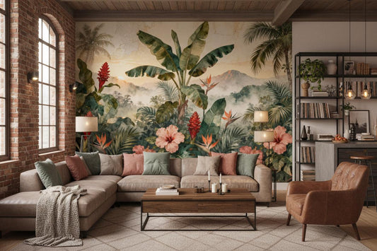 Tropical Jungle Green Watercolor Floral Wallpaper – peel and stick wallpaper mural, Golden Era Walls