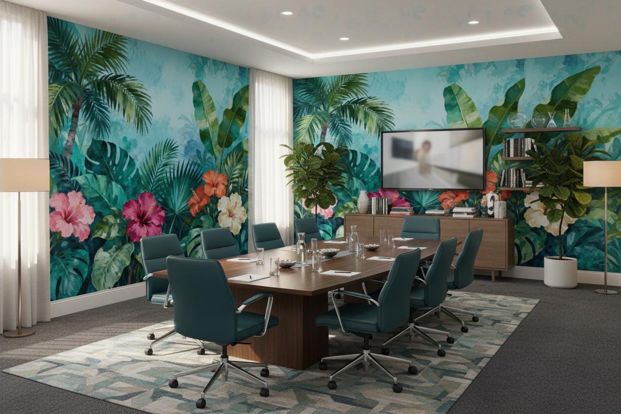 Tropical Hibiscus Vibrant Green Floral Wallpaper – lifestyle view, Golden Era Walls